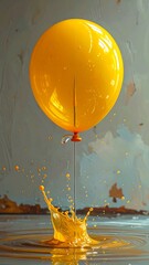 Vibrant yellow balloon above splashing liquid, contrasting with muted background