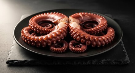 Cooked octopus tentacles presented on a black plate atop a slate board. Dark background