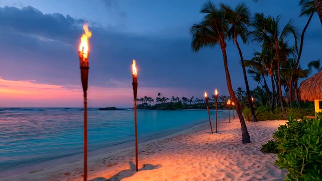 Tropical beach at twilight with tiki torches and palm trees.