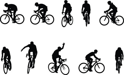 Fototapeta premium Cyclist silhouette vector set, road bike rider poses, cycling action illustration, sports motion graphic, black athlete shapes for design projects