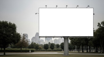 Fototapeta premium Large blank advertising billboard dominates a park setting with city skyline backdrop