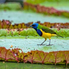 Vividly colored bird stands on a giant lily pad in lush environment, with bokeh and depth of field
