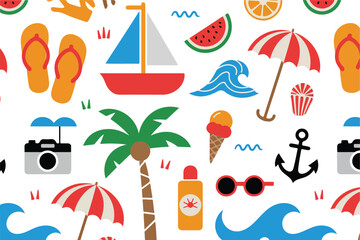 A vibrant summer-themed pattern design on a white background featuring various beach and vacation elements.