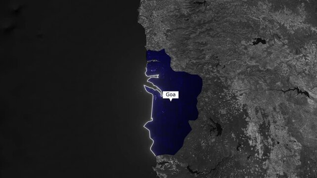 Goa Satellite View: A monochrome satellite view showcases the coastal landscape of Goa, India, with its distinctive shape and borders clearly defined.