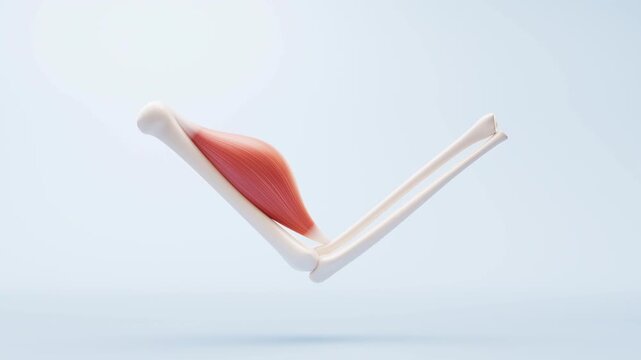 Medical animation showing biceps muscle contraction and elbow joint movement on light blue background