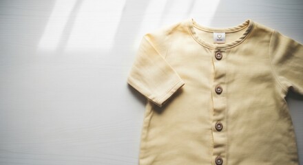 Soft, yellow baby jumpsuit with wooden buttons, gently lit on a white surface