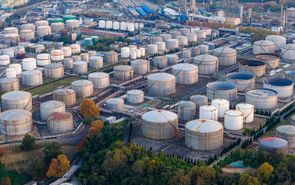 Aerial View of Oil Storage Tanks in Industrial Zone

