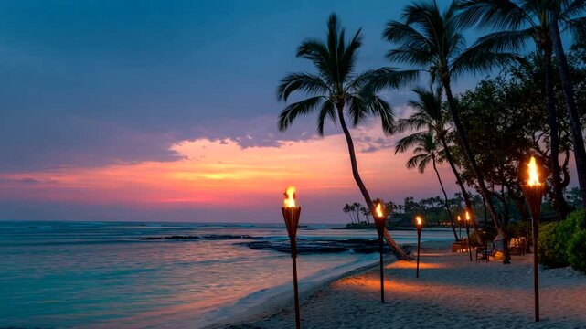 Tropical beach sunset with palm trees and tiki torches illuminating the sand.
