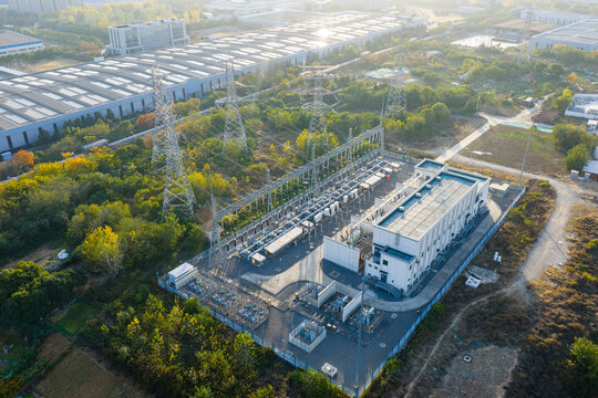 Aerial View of Electrical Substation in Industrial Zone


