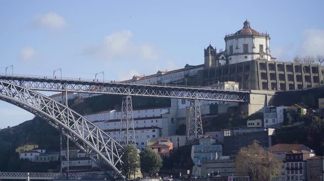 Perspective view of Dom Luis I bridge upper deck with Serra do Pilar monastery.