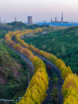  Autumn Road with Power Plant in Background