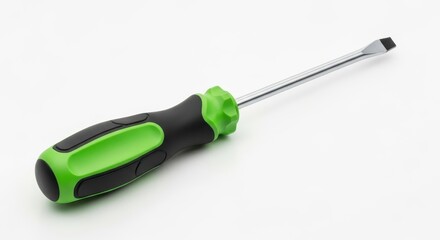 Flathead screwdriver with green and black handle on white.