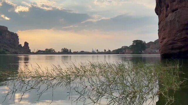 A beautiful evening view of Agastya Lake in front of the Badami caves