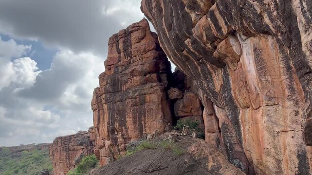 A troop of langurs sitting on the red sandstone hill near Badami Cave No. 4, blending wildlife charm with the rugged beauty of Badami&rsquo;s ancient landscape