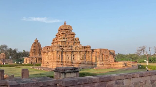 Stunning panoramic view of the Pattadakal temple complex, where majestic stone temples rise in harmony, showcasing the grandeur of Chalukyan architecture and India&rsquo;s timeless heritage