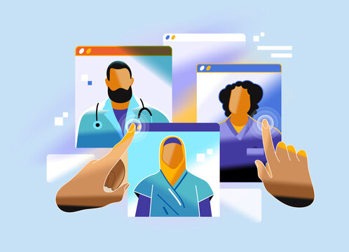 Online doctor selection interface with hands choosing medical profile