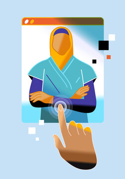 Selecting muslim female doctor in hijab on online healthcare platform