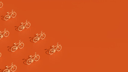 3D rendering of orange bicycles arranged diagonally on solid orange background