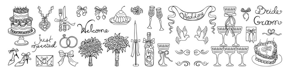 Hand drawn wedding illustration set doodle ink and chalk sketch style. Whimsical coquette vintage mood romantic dinner elements, cakes, champagne, candles, bows love symbols. Elegant casual line art