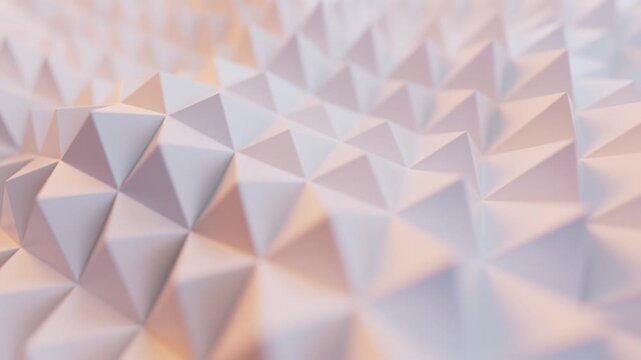 Abstract white geometric pyramid surface moving in wavy motion with soft pink and orange lighting