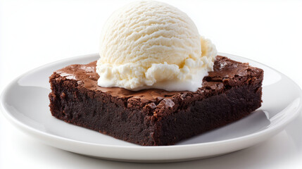 白い皿に盛り付けられた冷たいバニラアイスクリームを添えた濃厚でしっとりとした焼きたてチョコレートブラウニー