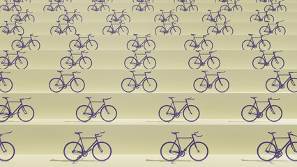 3D rendering of purple bicycles arranged in rows on a tiered light surface