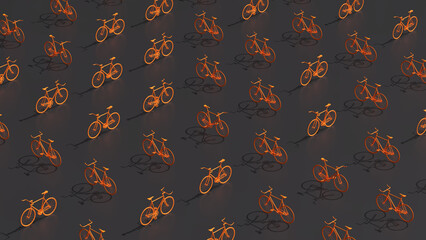 3D rendering of orange bicycles arranged in a grid and turned in different directions