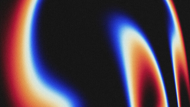 Abstract blue, white, and orange curved light trails on a black background, smooth gradient with grainy noise texture, dynamic digital art for creative and commercial projects.