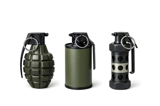 Studio Product Photo of Three Inert Grenade Types Isolated on White