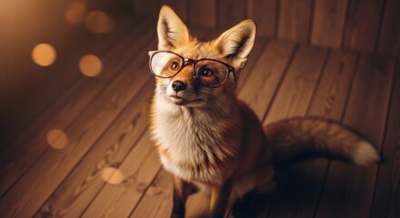 Naklejka premium A charming red fox wearing eyeglasses sits on a wooden floor, looking upwards with a curious expression
