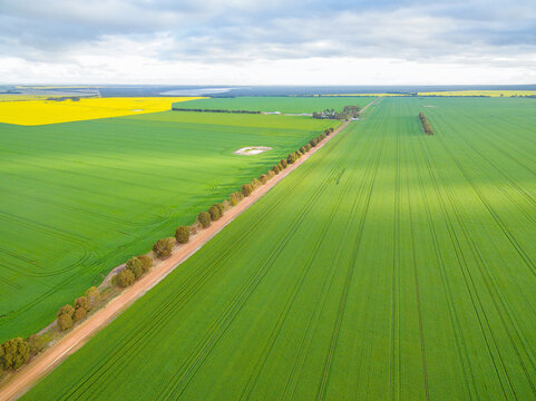 Aerial drone shot over farmland