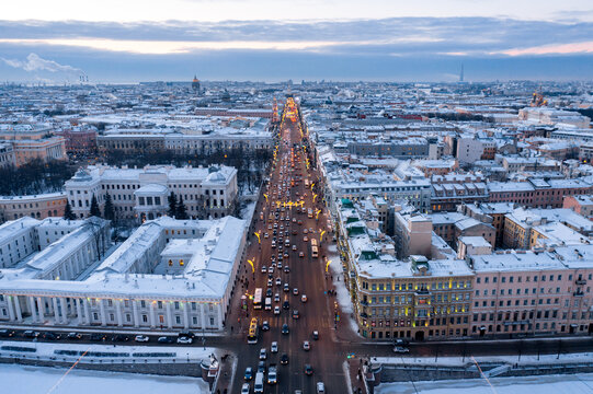 Winter cityscape, Saint Petersburg city center, aerial view
