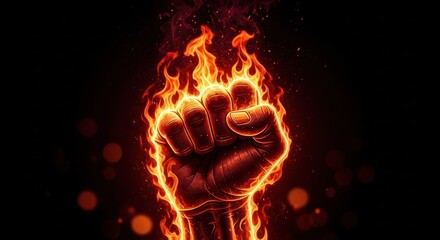 A clenched fist engulfed in flames against a black backdrop with bokeh