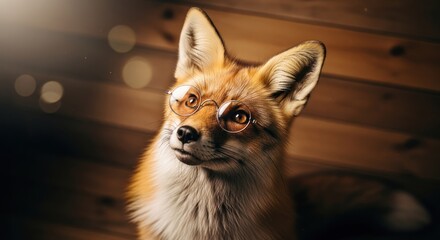 Naklejka premium A clever fox portrait wearing round glasses against a wood-paneled wall background