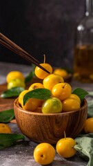 Vibrant yellow fruits piled in a wooden bowl, one lifted by chopsticks, against a moody, textured background