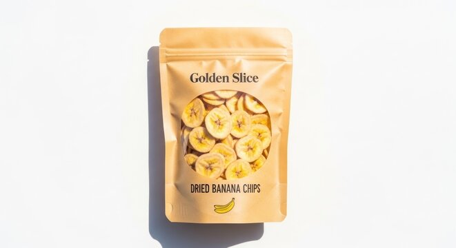 A package of dried banana chips sits on a white surface, casting a shadow