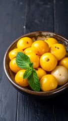 Vibrant yellow fruits, some pierced, fill a textured bowl with green mint on a dark surface