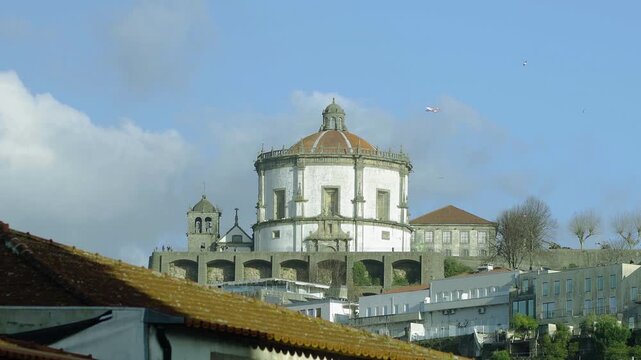 Direct view of the Monastery of Serra do Pilar under a clear sky.