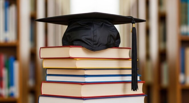 A stack of books topped with a mortarboard, in a library setting