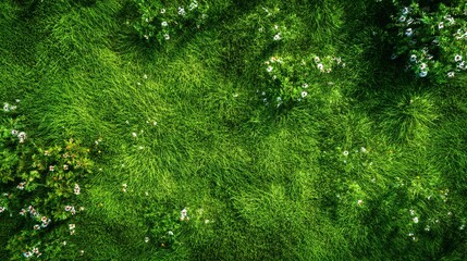 An enchanting aerial perspective captures a lush green meadow, densely populated with white wildflowers, partially shadowed by trees. © tahir xh