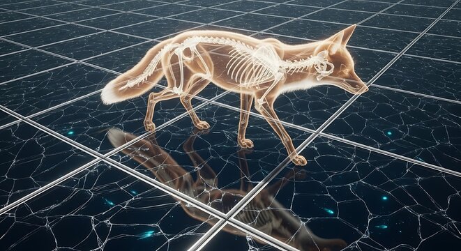 Golden Fox Skeleton on Black Marble Floor.