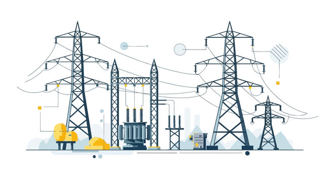 Electrical substation with multiple transmission towers and transformers on an isolated white background, illustrating power distribution.