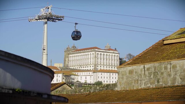 Gaia cable car cabin moving with the Monastery in the background.