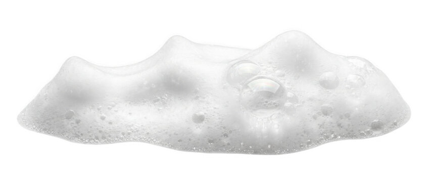 White foamy soap bubbles smear with water droplets and airy lather texture, Isolated on transparent background, png