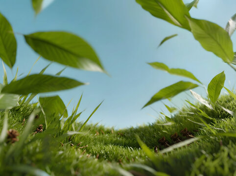 Vibrant green grass and fresh leaves gently drifting create a dynamic scene of natural vitality under a clear blue sky, symbolizing growth and environmental purity in a tranquil outdoor setting