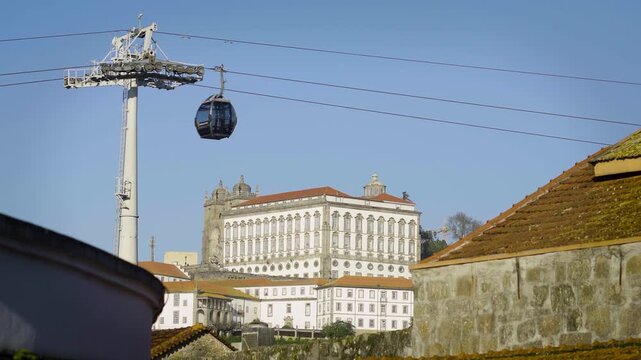 Close up on a cable car cabin passing by the historic Gaia district.