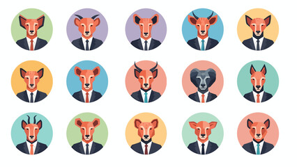 Fototapeta premium Set of circular monkey avatar icons in business attire with varied colors and expressions.