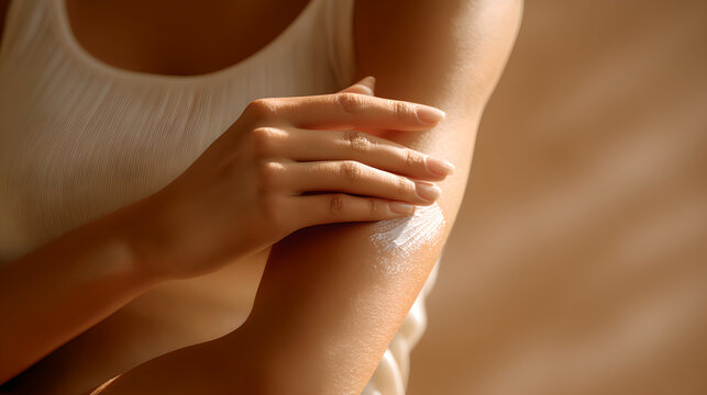 Woman applying moisturizer cream on her arm under soft golden sunlight rays