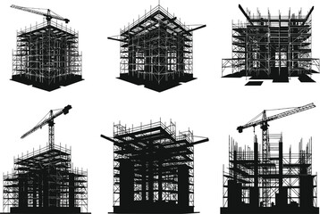 Construction site silhouettes, tower cranes, scaffolding, steel frameworks, urban development, architectural engineering, high-rise buildings, black and white vector illustration, industrial design © Aron