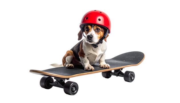 Funny beagle dog wearing a red safety helmet sitting on a skateboard. Cute and humorous pet concept for sports and recreation, isolated on a transparent background for easy compositing.